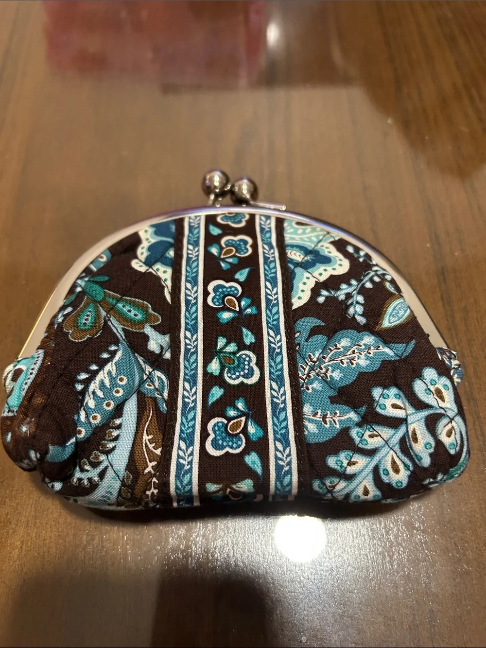 Vera Bradley Brown and Teal Floral Kiss-Lock Coin Purse - Picture 1 of 4